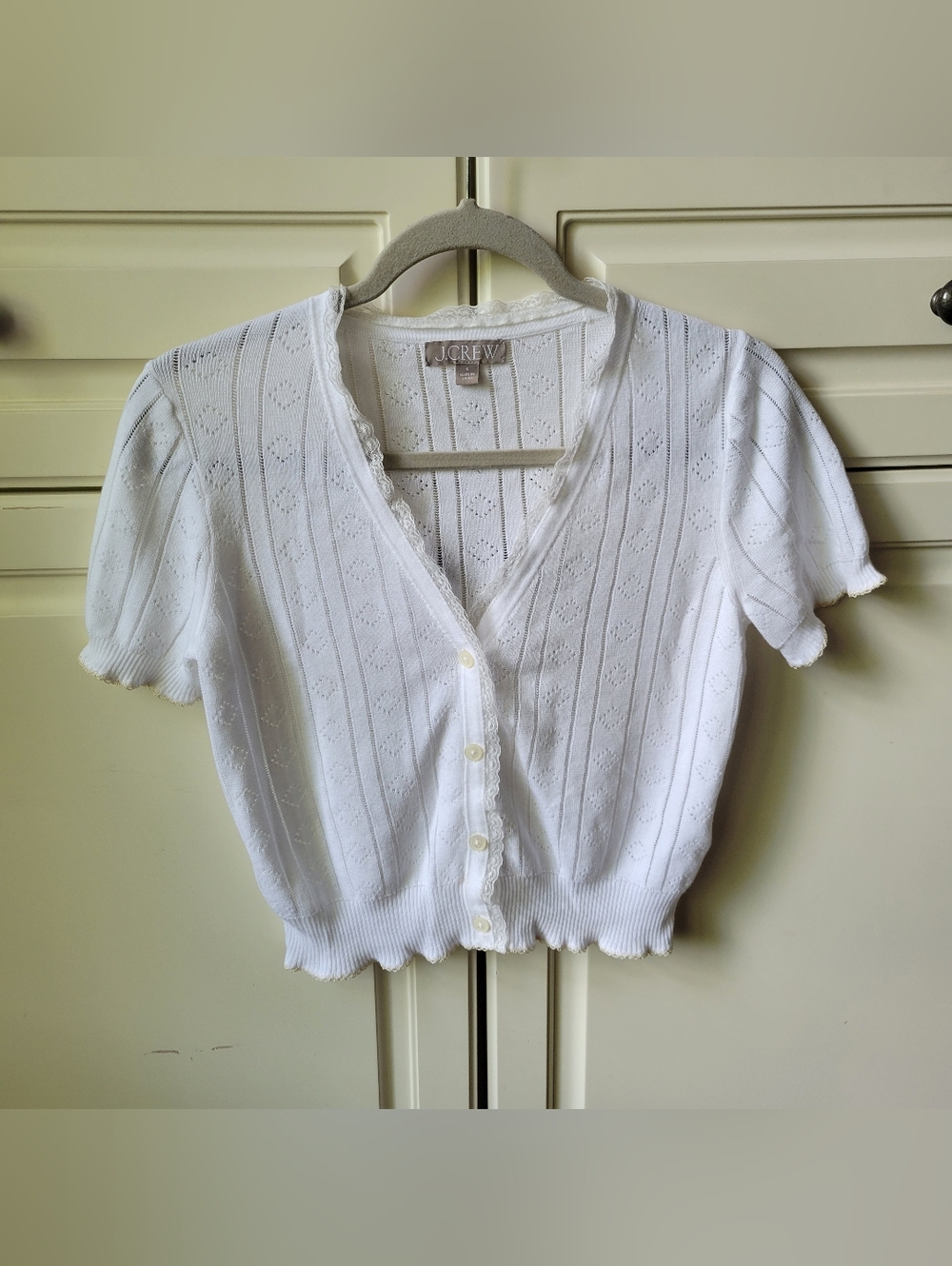 J.Crew Pointelle V-Neck Cardigan in White Short Sleeve S